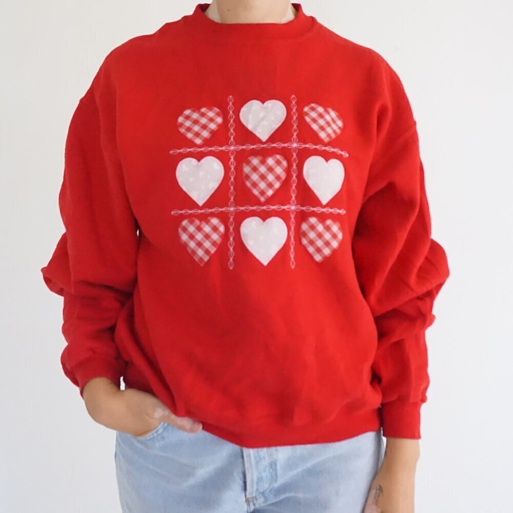 Vintage Jerzees Red Hearts Gingham Tic Tac Toe Patchwork Valentine Sweatshirt S